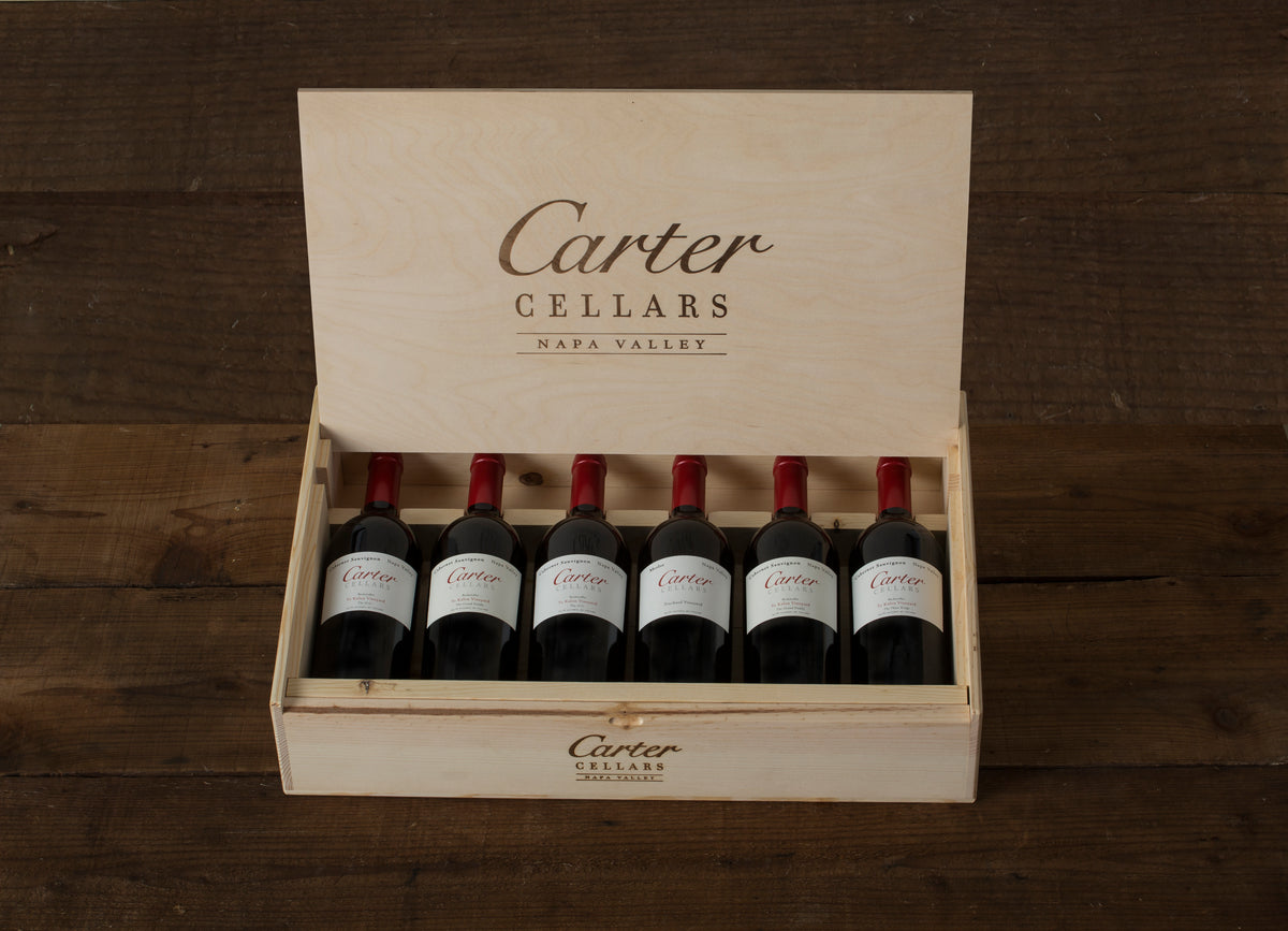 Carter Cellars six-bottle wooden box, horizontal